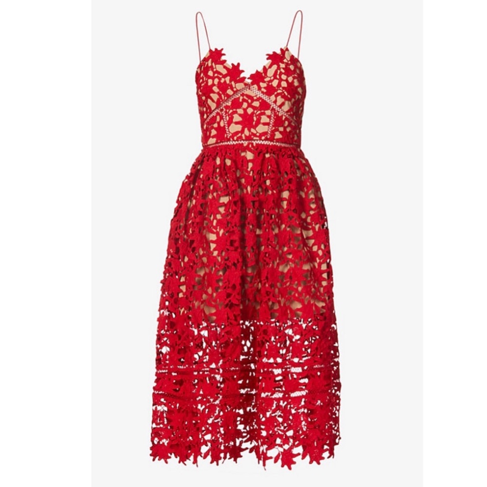 Self-Portrait Red Lace Midi Dress - Picture 3 of 12
